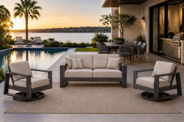 Ebel Novara Aluminum Outdoor Patio Seating Collection Loveseat and 2 Swivel Rockers