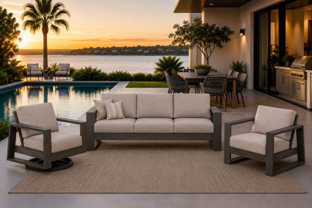 Ebel Novara Aluminum Outdoor Patio Seating Collection Sofa with Club Chair and Swivel Rocker in Smoke Finish