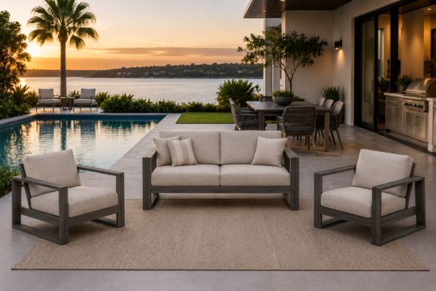 Ebel Novara Aluminum Outdoor Patio Seating Love Seat and Two Club Chairs