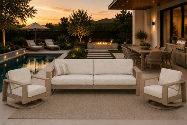 Ebel Novara Outdoor 3 piece Seating Collection XL Sofa and 2 Swivel Rockers in Flax Finish