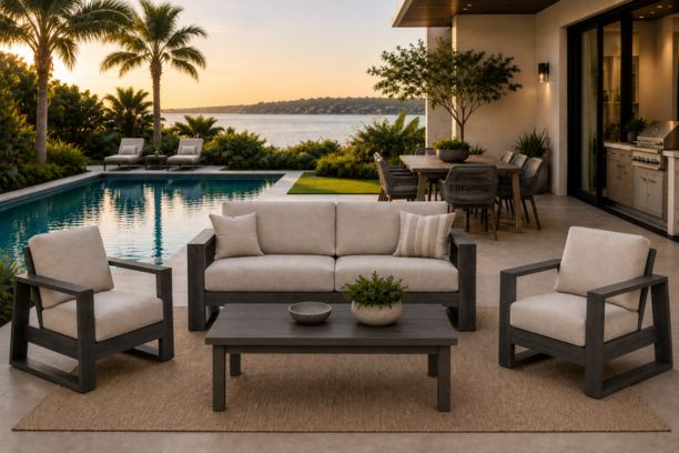 Ebel Novara Outdoor Aluminum Furniture Love Seat with 2 Club Chairs and Trevi Coffee Table Smoke Finish
