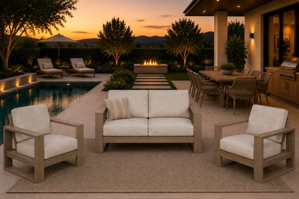 Ebel Novara Outdoor Aluminum Patio Furniture Set Loveseat and 2 Club Chairs in Flax Finish