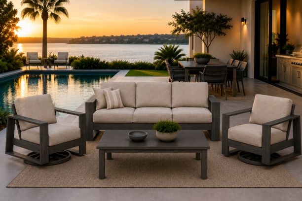 Ebel Novara Outdoor Aluminum Patio Furniture Sofa 2 Swivel Rockers and Trevi Coffee Table in Smoke Finish