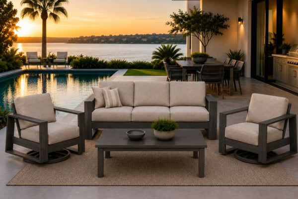 Ebel Novara Outdoor Aluminum Patio Furniture Sofa 2 Swivel Rockers and Trevi Coffee Table in Smoke Finish