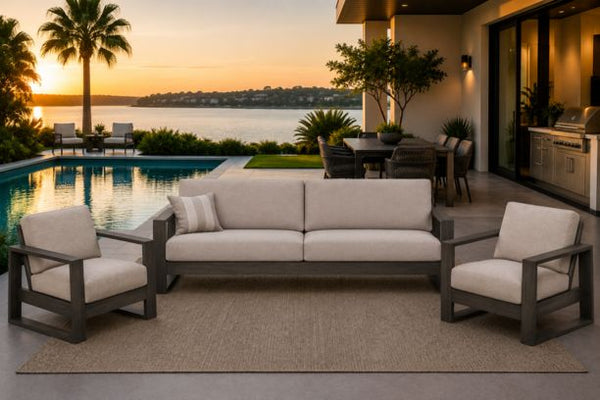 Ebel Novara Outdoor Aluminum Patio Furniture XL Sofa with 2 Club Chairs in Smoke Finish