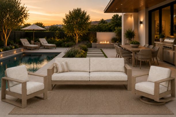 Ebel Novara Outdoor Aluminum Patio Seating XL Sofa with one club chair and one swivel chair in flax finish with palm springs sand cushions