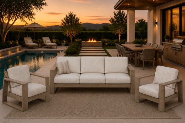 Ebel Novara Outdoor Aluminum Patio Seating Sofa with 2 Club Chairs in Flax Finish
