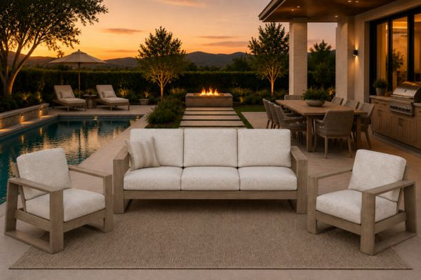 Ebel Novara Outdoor Aluminum Patio Seating Sofa with 2 Club Chairs in Flax Finish
