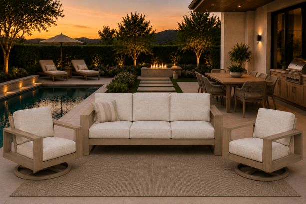 Ebel Novara Outdoor Aluminum Seating Collection Sofa and Two Swivel Rockers in Flax Finish