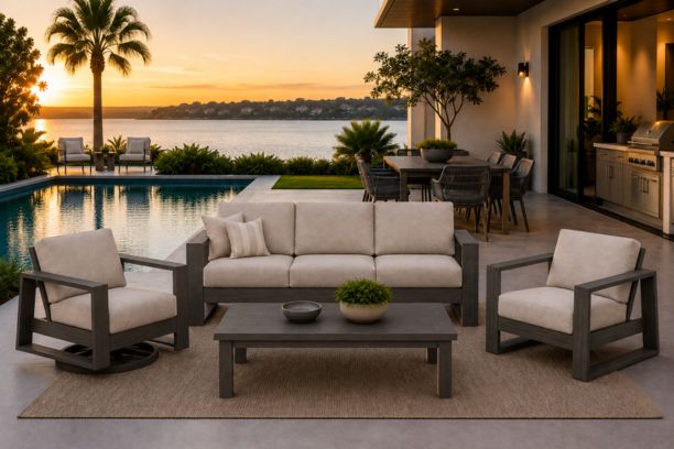 Ebel Novara Outdoor Aluminum Seating Sofa Club Chair Swivel Rocker and Trevi Coffee Table in Smoke Finish