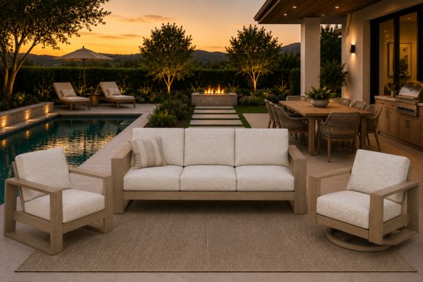 Ebel Novara Outdoor Patio Seating Collection Sofa with Club Chair and Swivel Rocker in Flax Finish