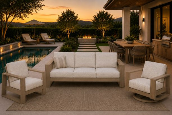 Ebel Novara Outdoor Patio Seating Collection Sofa with Club Chair and Swivel Rocker in Flax Finish
