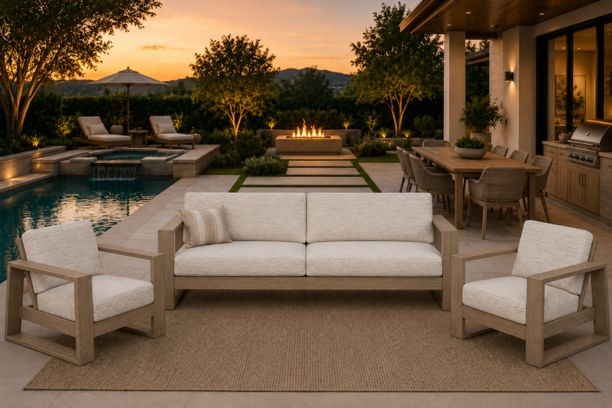 Ebel Novara Outdoor Patio Seating Collection XL Sofa with 2 Club Chairs in Flax Finish