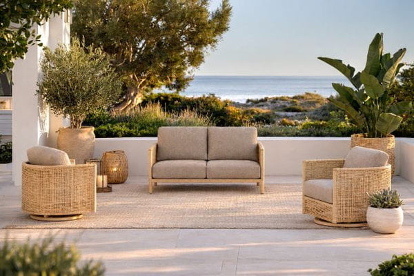 Ebel Orleans all-weather wicker with aluminum frames loveseat with two swivel chairs in barley and flax frames with Marvel Mushroom Cushions
