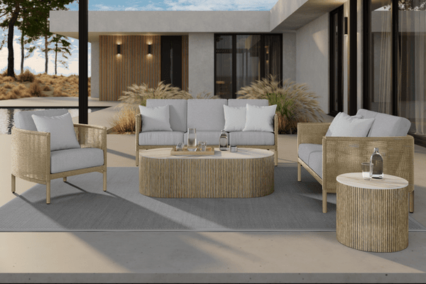 Ebel Orleans All Weather Wicker Aluminum Seating Barley Flax Sunbrella Cushions Hampton Tables and Aspen Alabaster Tops