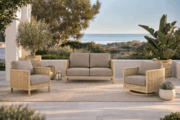 Ebel Orleans Eco Wicker Aluminum Outdoor Patio Seating Love Seat Club Chair and Swivel Chair in Barley and Flax Frames with Subrella Marvel Mushroom Cushions