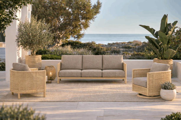Ebel Orleans Outdoor Patio Seating Eco Weave Wicker in Barley and Flax Sofa Club Chair and Swivel Rocker