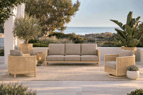 Ebel Orleans Outdoor Patio Seating Eco Weave Wicker in Barley and Flax Sofa Club Chair and Swivel Rocker