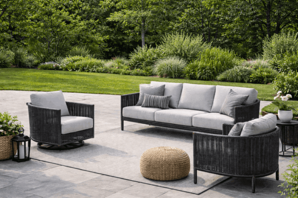 Ebel Orleans Outdoor Patio Seating Eco Weave Wicker in Coal and Smoke Sofa Club Chair and Swivel Rocker