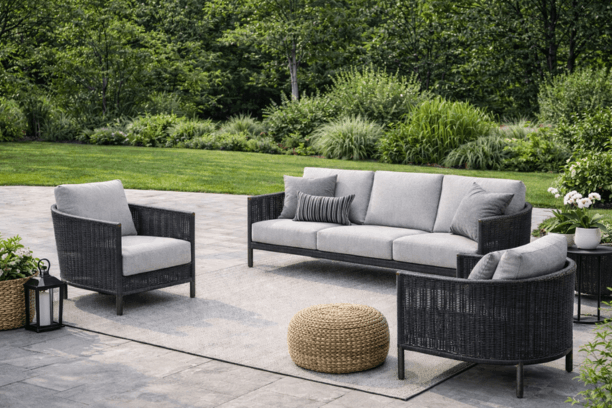 Ebel Orleans Outdoor Patio Seating Eco Weave Wicker in Coal and Smoke Sofa Club Chair and Two Club Chairs