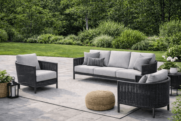 Ebel Orleans Outdoor Patio Seating Eco Weave Wicker in Coal and Smoke Sofa Club Chair and Two Club Chairs