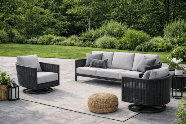Ebel Orleans Outdoor Patio Seating Eco Weave Wicker in Coal and Smoke Sofa Two Swivel Rockers