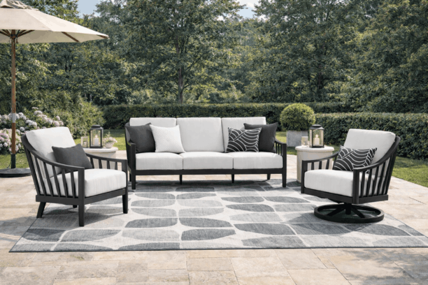 Ebel Palazzo Aluminum Outdoor Patio Seating Set - Sofa, Club Chair and Swivel Rocker in Onyx