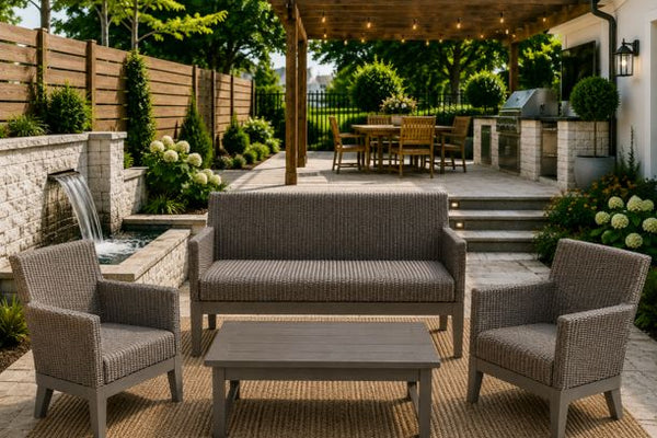 Ebel Siena Eco Weave Wicker Outdoor Patio Furniture with Reticular Foam Cushion Sofa and Two Club Chairs with Trevi Aluminum Coffee Table