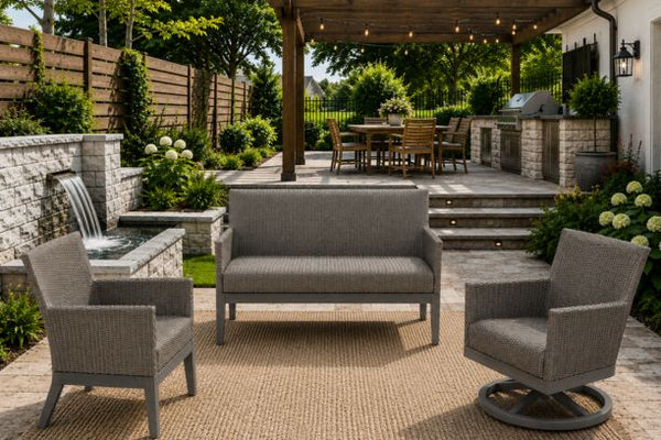 Ebel Siena Eco Weave Wicker Outdoor Patio Furniture with Reticulated Cushion Loveseat Club Chair and Swivel Rocker