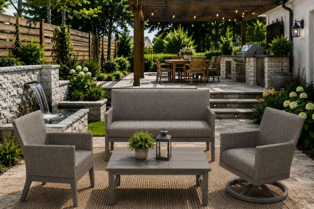 Ebel Siena Eco Weave Wicker Outdoor Patio Furniture with Reticulated Cushion Loveseat Club Chair Swivel Rocker and Trevi Aluminum Coffee Table
