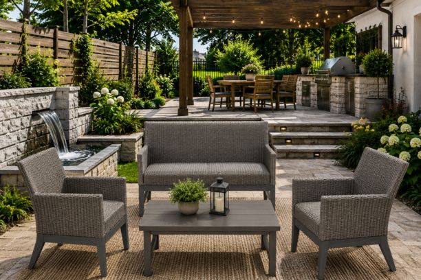 Ebel Siena Eco Weave Wicker Outdoor Patio Furniture with Reticulated Cushion Loveseat Two Club Chairs and Coffee Table