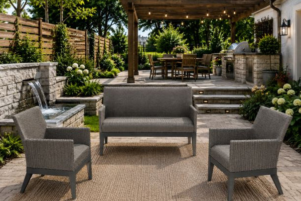 Ebel Siena Eco Weave Wicker Outdoor Patio Furniture with Reticulated Cushions Loveseat and Two Club Chairs