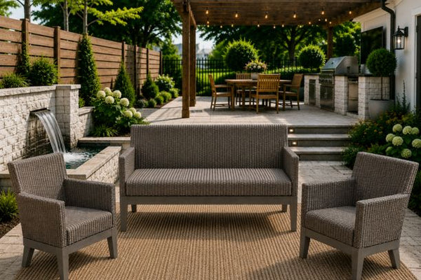 Ebel Siena Eco Weave Wicker Outdoor Patio Furniture with Reticulated Foam Cushion Sofa and Two Club Chairs