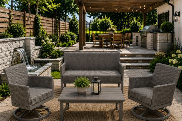 Ebel Siena Eco Weave Wicker Outdoor Patio Furniture with Reticulated Foam Loveseat and Two Swivel Rockers with Trevi Aluminum Coffee Table