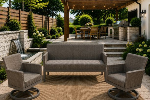 Ebel Siena Eco Weave Wicker Outdoor Patio Furniture with Reticulated Foam Sofa and Two Swivel Rockers