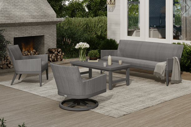 Ebel Siena Outdoor Patio Furniture Seating Aluminum All Weather Wicker Sofa Club Chair Swivel Coffee Table Fog Smoke Trevi Smoke