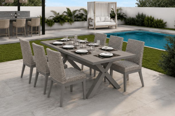 Ebel Siena Trevi Aluminum Eco Wicker Outdoor Patio Dining Table with 6 Side Chairs in Fog and Smoke