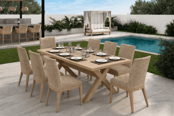 Ebel Siena and Trevi Aluminum and Eco-Weave Wicker Outdoor Patio Dining Table with 8 side Chairs in Barley and Flax finish
