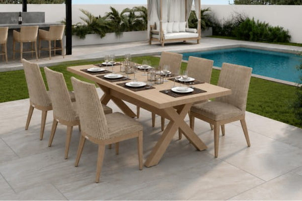 Ebel Siena Trevi Aluminum Eco Wicker Outdoor Patio Dining Table with 6 Side Chairs in Barley and Flax