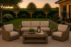 Erwin and Sons All Weather Wicker Seating Group Sofa and Two Club Chairs with Sunbrella Cushions and Coffee Table