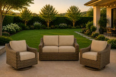 Erwin and Sons Miramar All Weather Wicker Patio Seating Loveseat and Two Swivel Rockers with Sunbrella Cushions