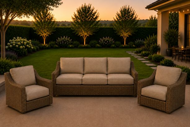 Erwin and Sons Miramar All Weather Wicker Patio Seating Sofa and Two Club Chairs with Sunbrella Cushions