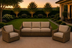 Erwin and Sons Miramar All Weather Wicker Patio Seating Sofa and Two Club Chairs with Sunbrella Cushions