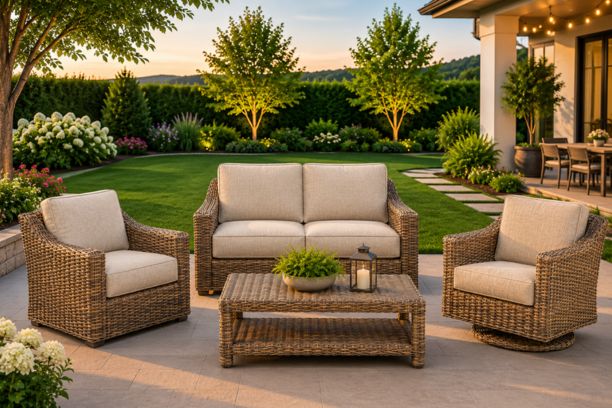 Erwin and Sons Miramar All Weather Wicker Seating Group - Loveseat, Club Chair, and Swivel Rocker with Sunbrella Cushions and Coffee Table