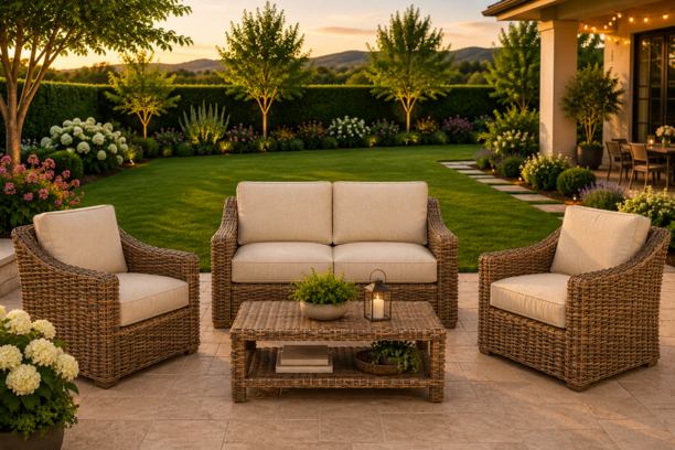 Erwin and Sons Miramar All Weather Wicker Seating Group Loveseat and Two Club Chairs with Sunbrella Cushions and Coffee Table