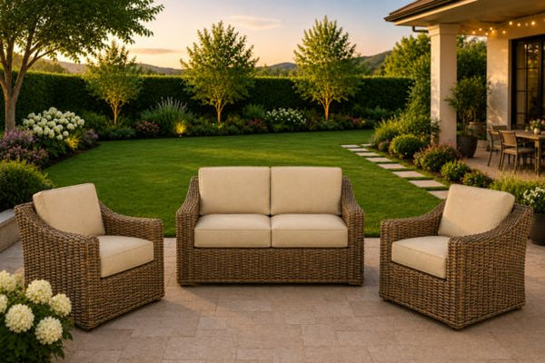 Erwin and Sons Miramar All Weather Wicker Seating Group Loveseat and Two Club Chairs with Sunbrella Cushions