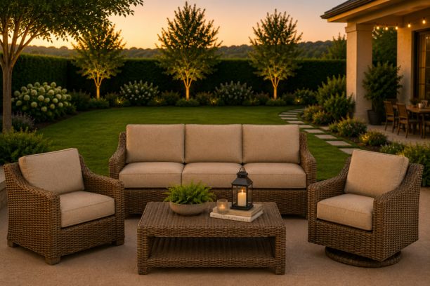 Erwin and Sons Miramar All Weather Wicker Seating Sofa, Club Chair, and Swivel Rocker with Sunbrella Cushions and Coffee Table