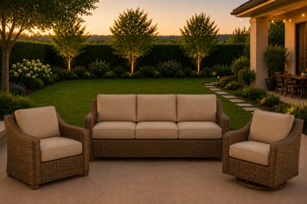 Erwin and Sons Miramar All Weather Wicker Seating Sofa, Club Chair, and Swivel Rocker with Sunbrella Cushions