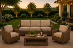 Erwin and Sons Miramar Outdoor Wicker Patio Seating Sofa and Two Swivel Rockers with Sunbrella Cushions and Coffee Table
