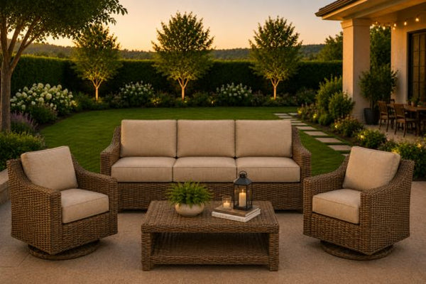 Erwin and Sons Miramar Outdoor Wicker Patio Seating Sofa and Two Swivel Rockers with Sunbrella Cushions and Coffee Table